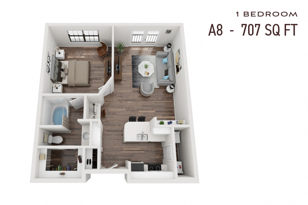 Floor plan for 1 bed, 1 bath, 707 sqft